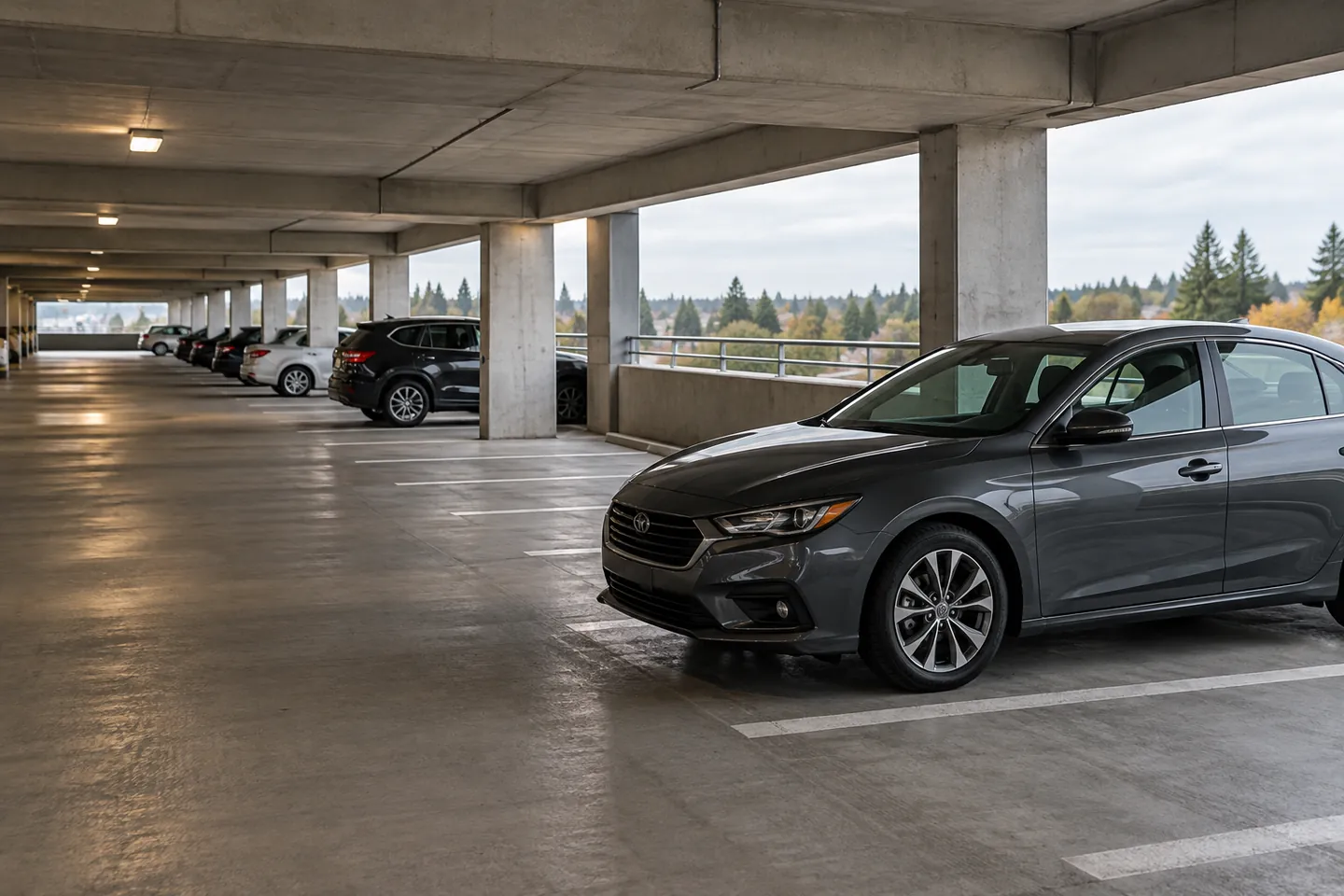 Daylight entering a covered garage with a car parked beside concrete columns