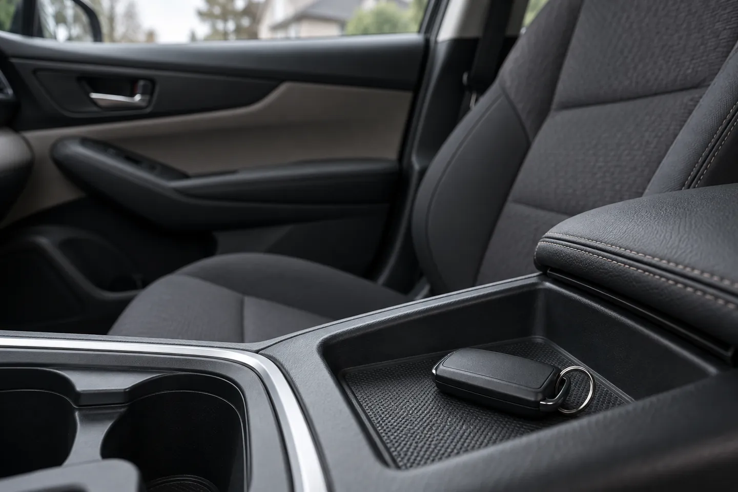 A key fob resting in a car’s centre-console tray