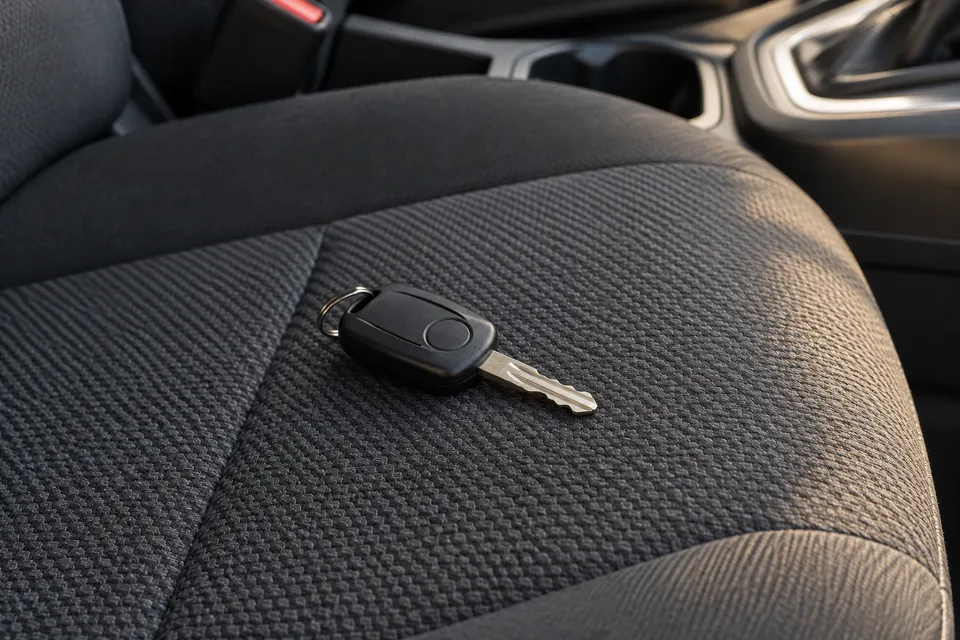 A car key resting on dark woven seat fabric