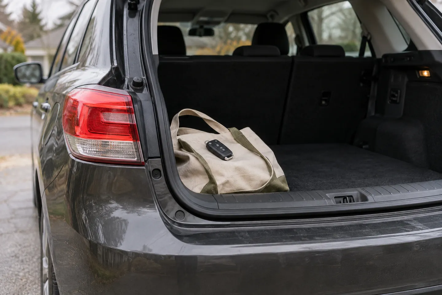 Illustrative open luggage compartment with a key fob on a bag; this shows the compartment rather than a locked-trunk service